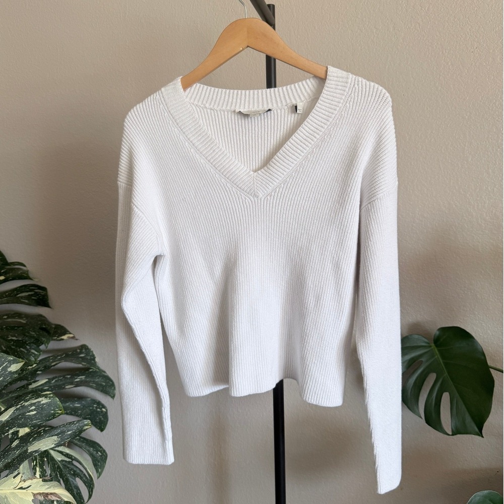 Vince Womens White Ribbed Cotton Blend V-Neck Long Sleeve Sweater Large